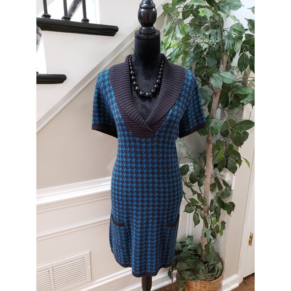 Style & Co. Women's Blue Knit Houndstooth Short Sleeve V Neck Sweater Dress XL